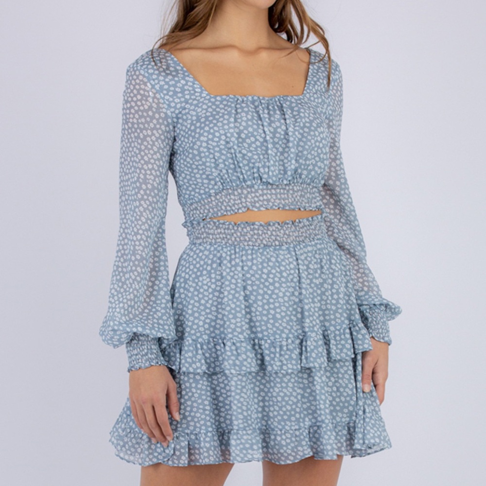 Floral blue and white Ruffle Skirt and top set